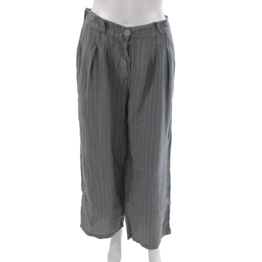Puro Lino Women Cropped Striped Gray Linen Pants Button Closure Size L